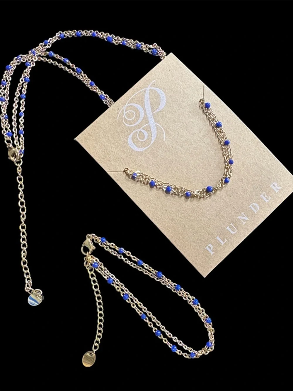 Plunder Gold-Tone Necklace and Bracelet Set with Cobalt Blue Beads (v)